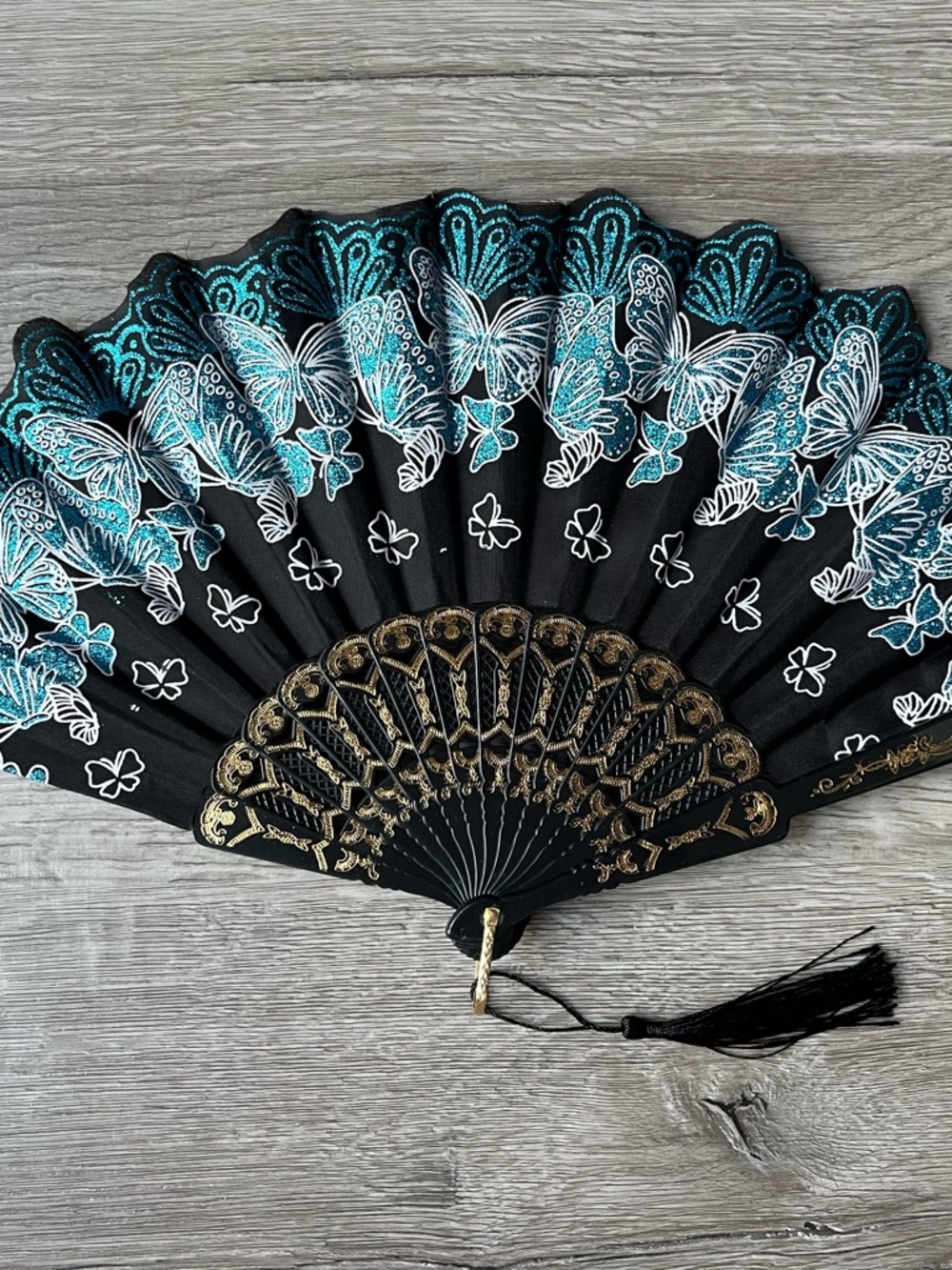 Black Folding Fan with Teal & White Butterfly Motif